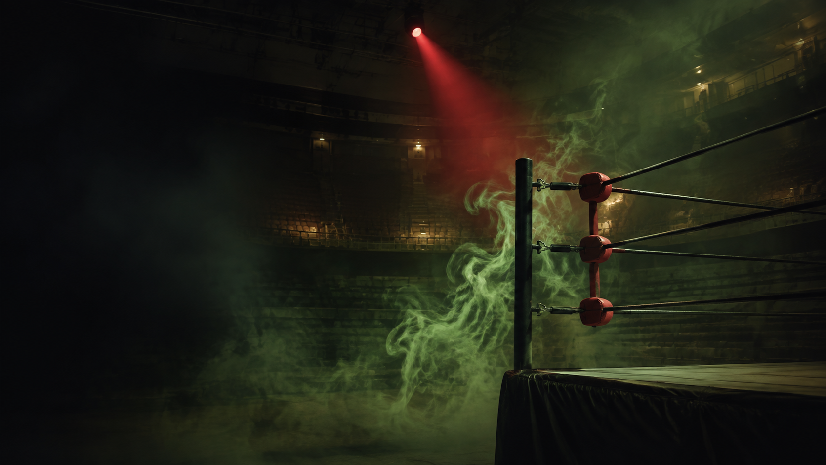 薄暗い1990年代風のプロレス会場に緑の霧が漂うリング