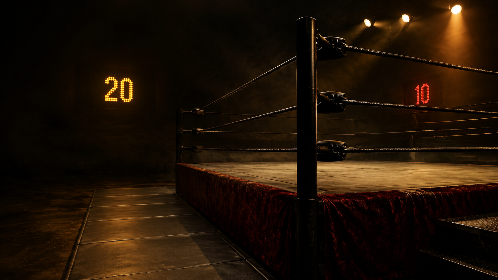 無人のプロレスリングと場外カウント20・10を示す照明