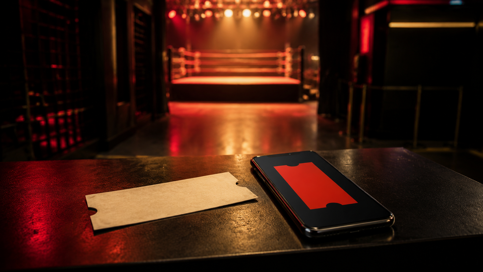 プロレス会場を背景にした紙チケットと電子チケット