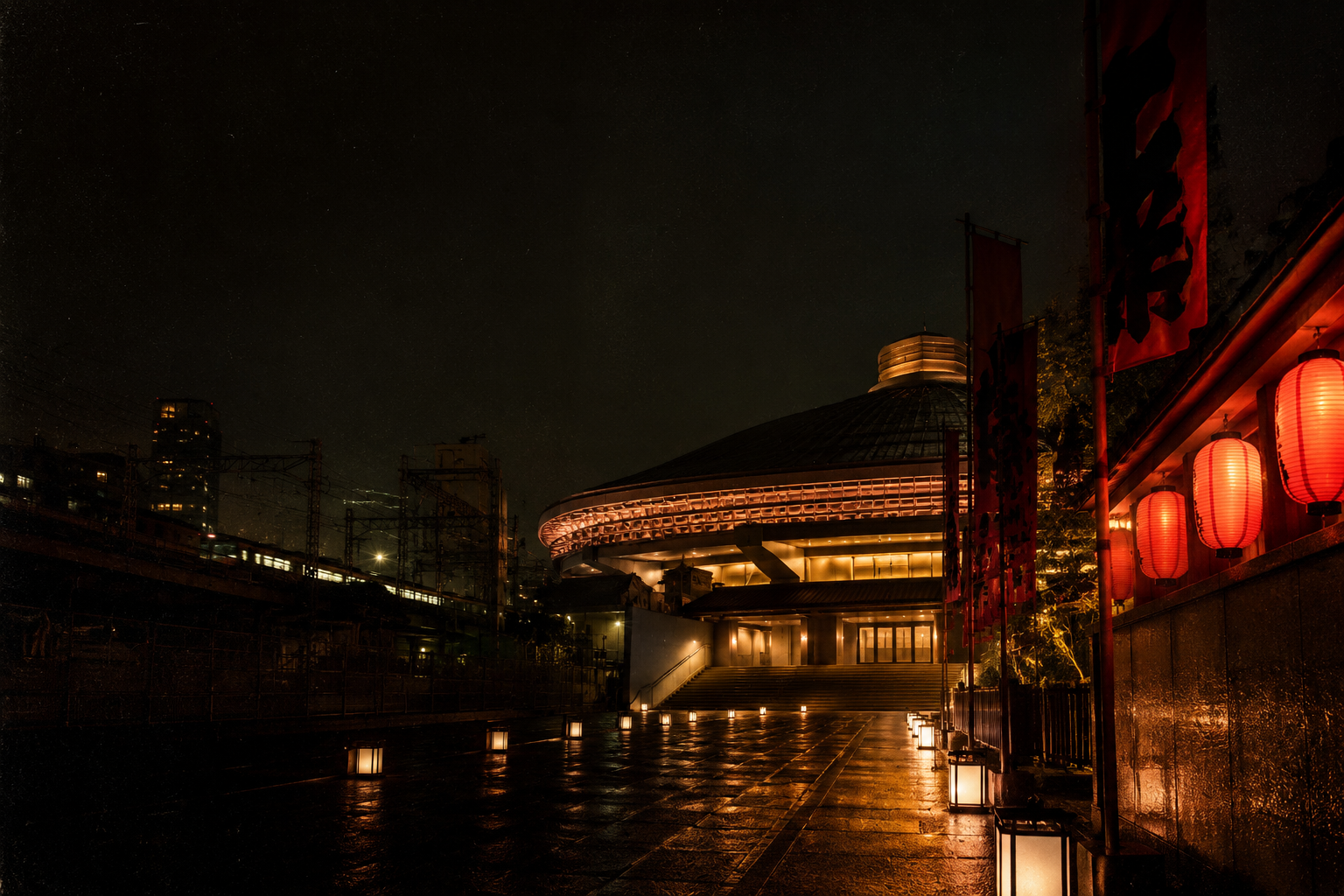夜の両国遠征を象徴する無人のアリーナと駅
