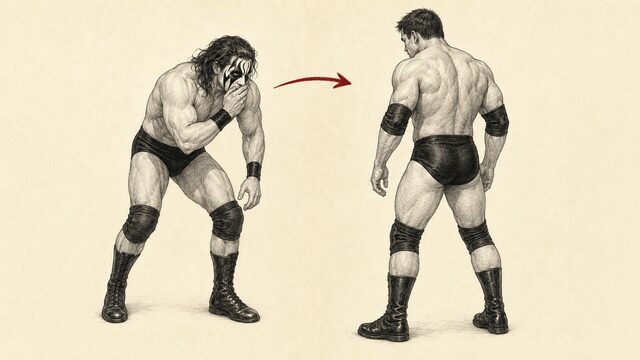 口元を覆って相手との間をつくる二人のプロレスラーの技解説イラスト
