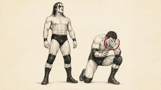 毒霧を受けた相手が目を覆いムタ風の選手が立つ技解説イラスト