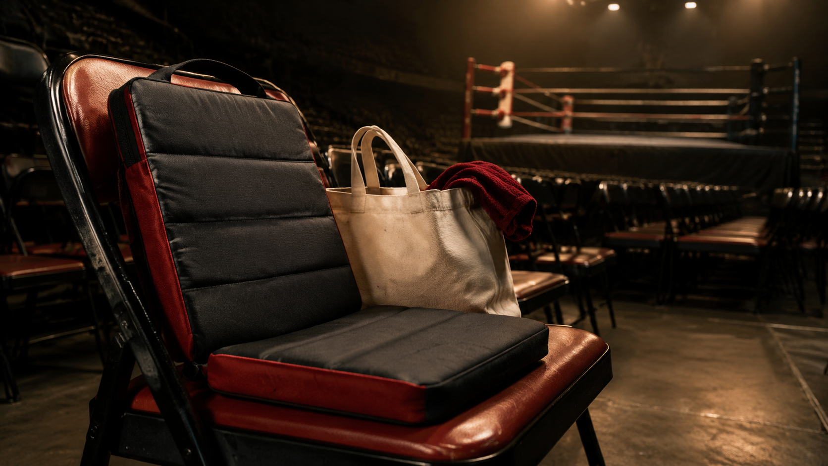 プロレス観戦用の折りたたみクッションと会場座席