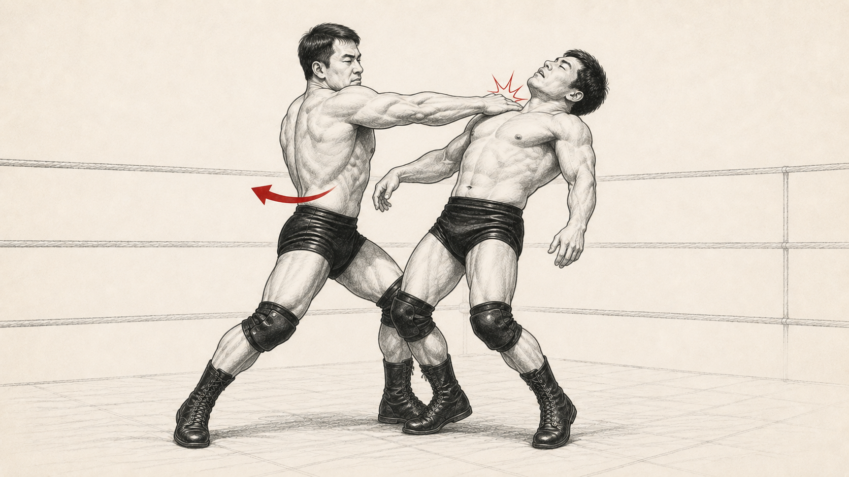回転の勢いを乗せて左腕を打ち込むTHE GRIPの観戦用技術図